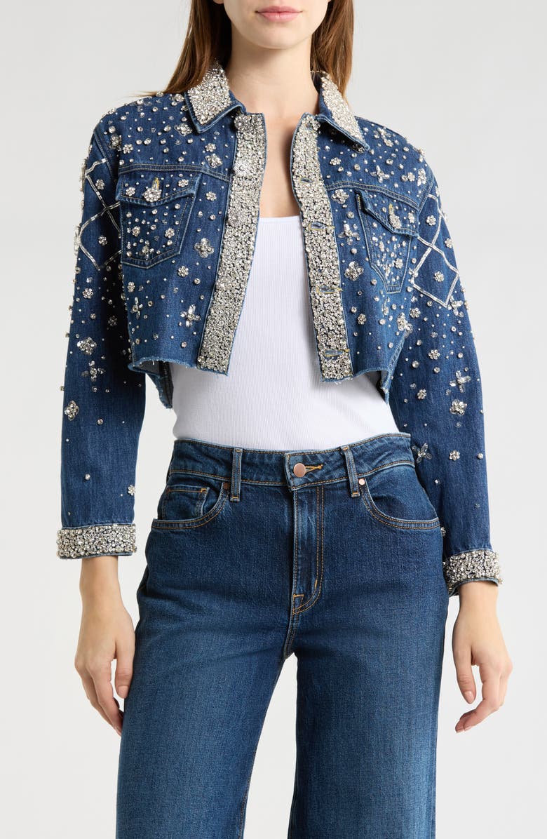 L'AGENCE Genevie Crystal Embellished Crop Denim Jacket, Main, color, Conway
