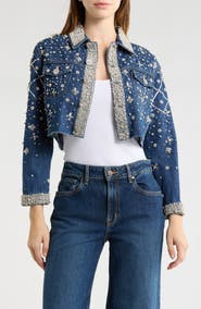 L'AGENCE Genevie Crystal Embellished Crop Denim Jacket