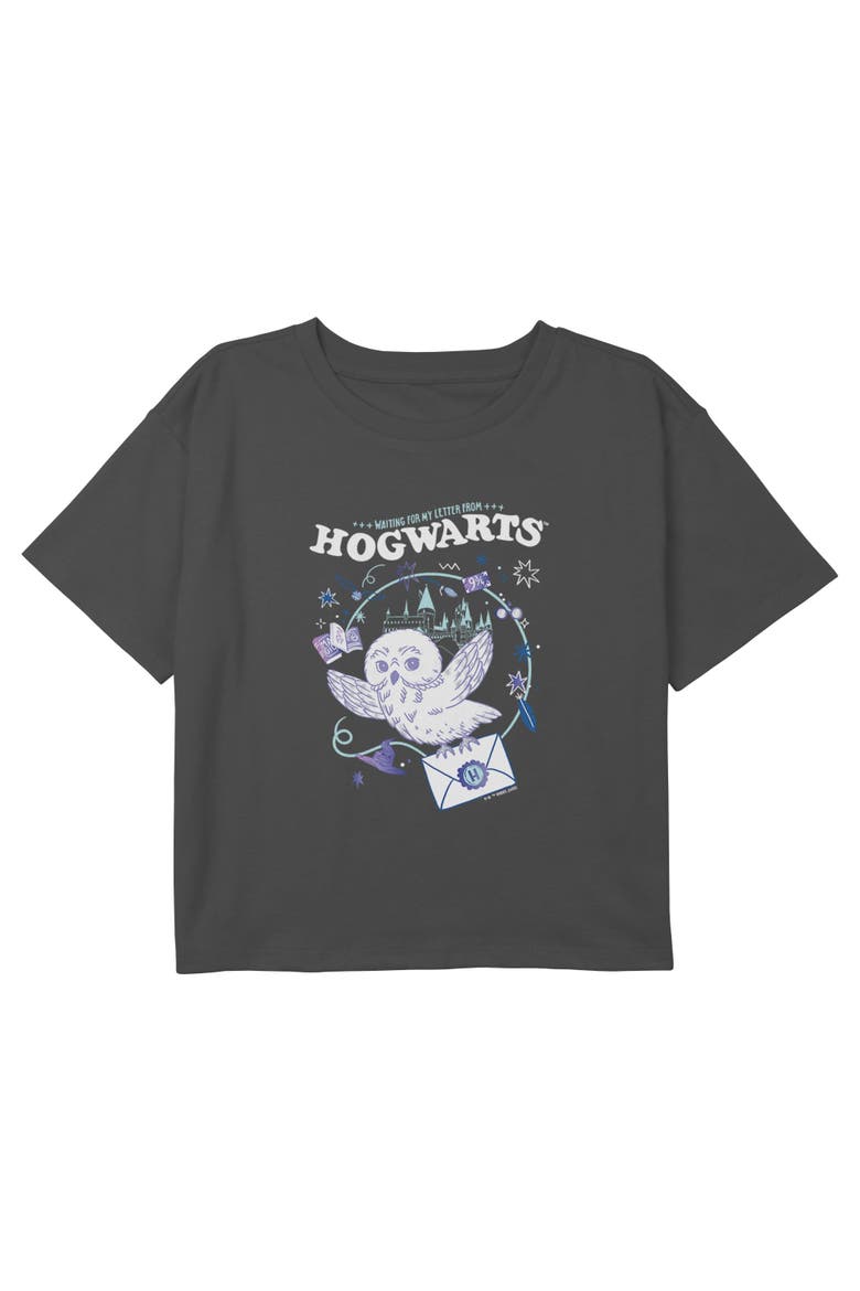 Girls' Hedwig Hogwarts Letter Short Sleeve Boxy Cropped T-shirt, Main, color, Charcoal