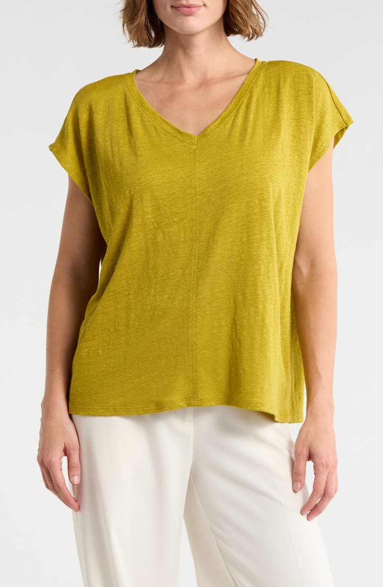 Eileen Fisher V-Neck Organic Linen T-Shirt, Main, color, Golden Pear
