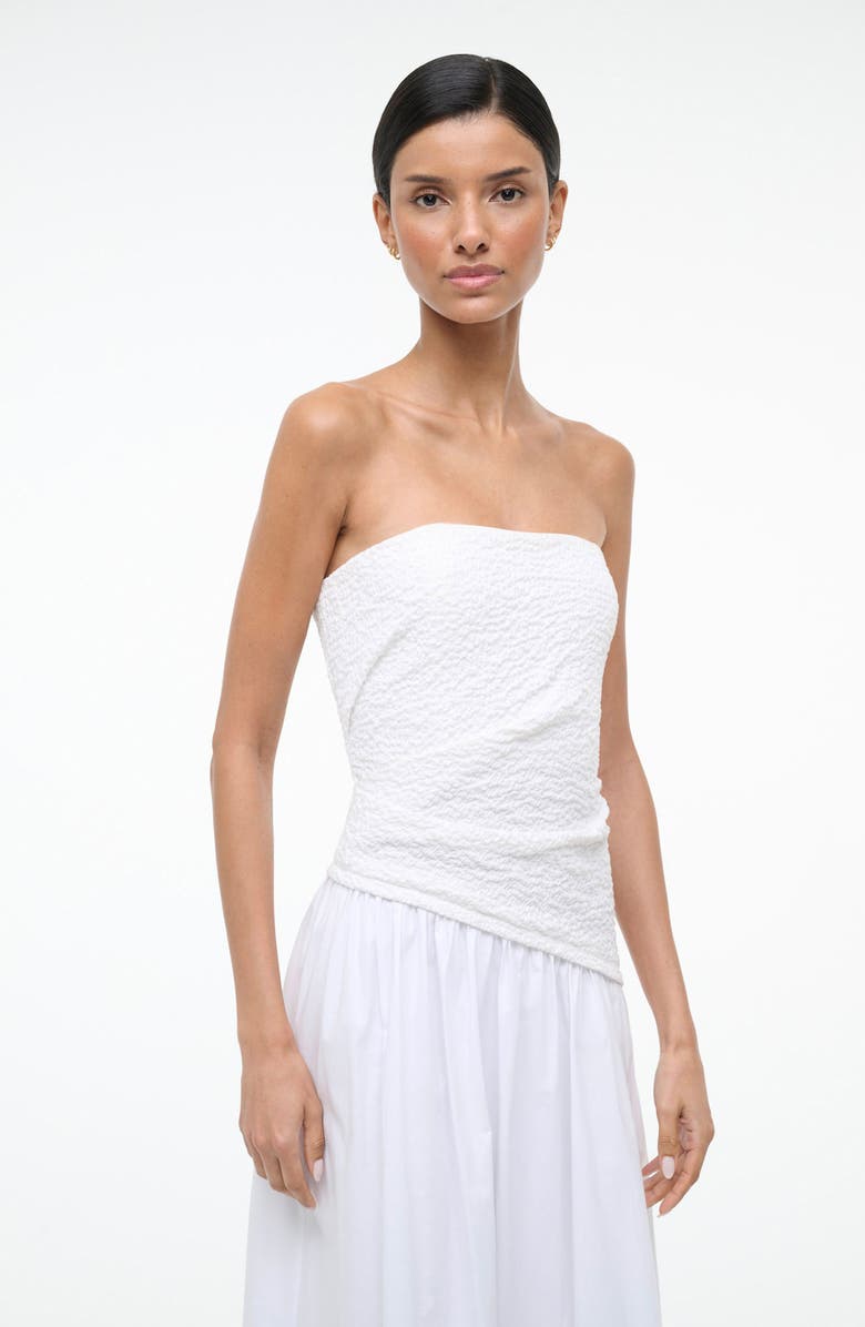 STAUD Nia Strapless Midi Dress, Alternate, color, White