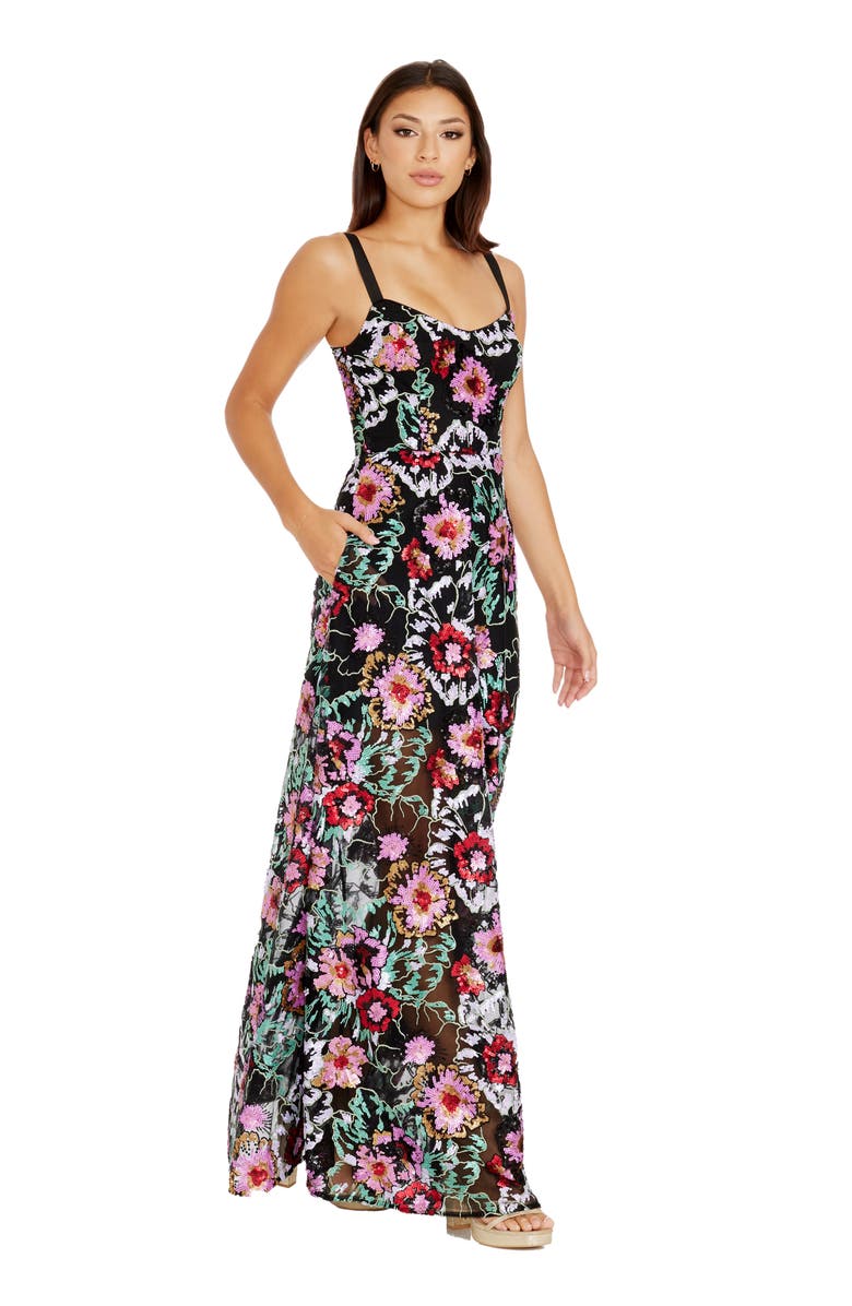 Dress the Population Nina Sequin Floral Fit & Flare Gown, Alternate, color, Black Multi