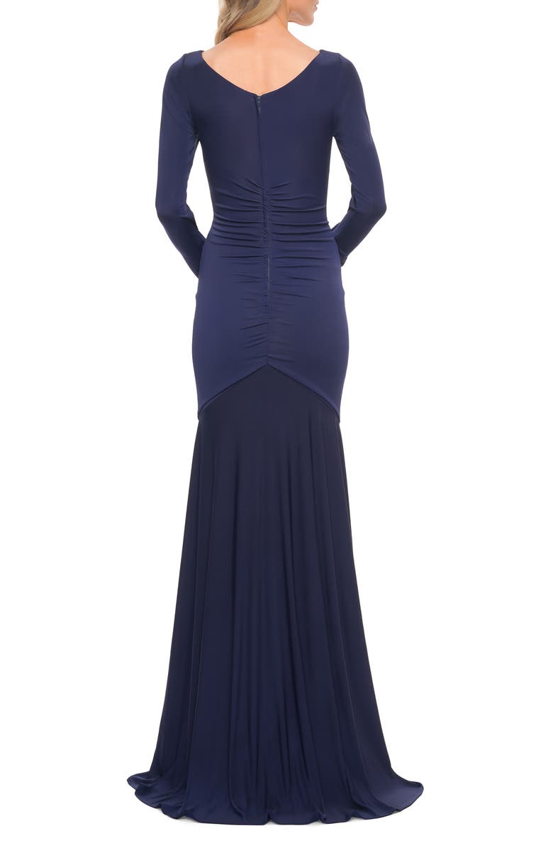 La Femme Ruched Long Sleeve Jersey Gown, Alternate, color, 