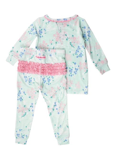Rufflebutts Softsnooze Toddler Girls Ruffle Long Sleeve Pajama Set In Mint Meadow