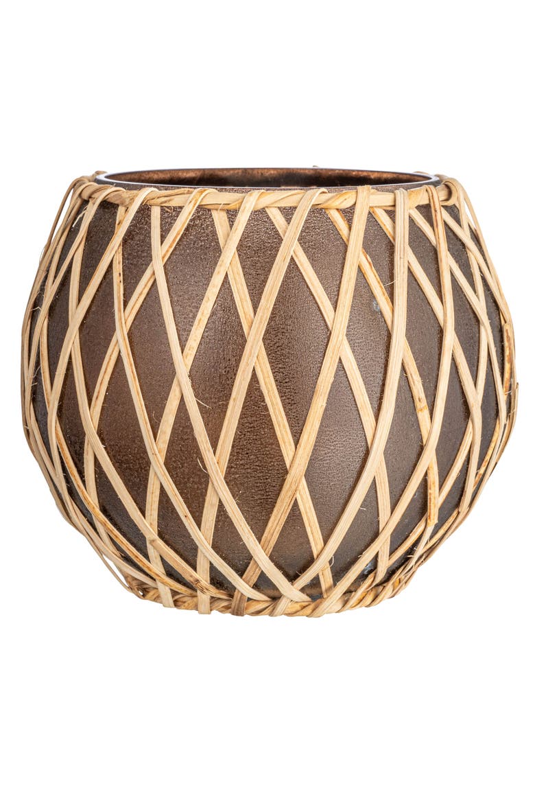 Glass Votive Holder with Woven Rattan Sleeve, Brown and Natural, Alternate, color, Brown
