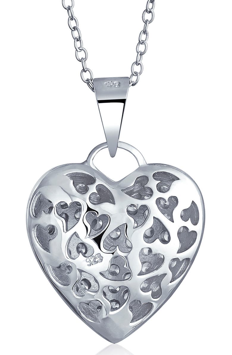 BLING JEWELRY Rhodium Plated Sterling Silver Pavé CZ Heart Pendant Necklace, Alternate, color, Clear