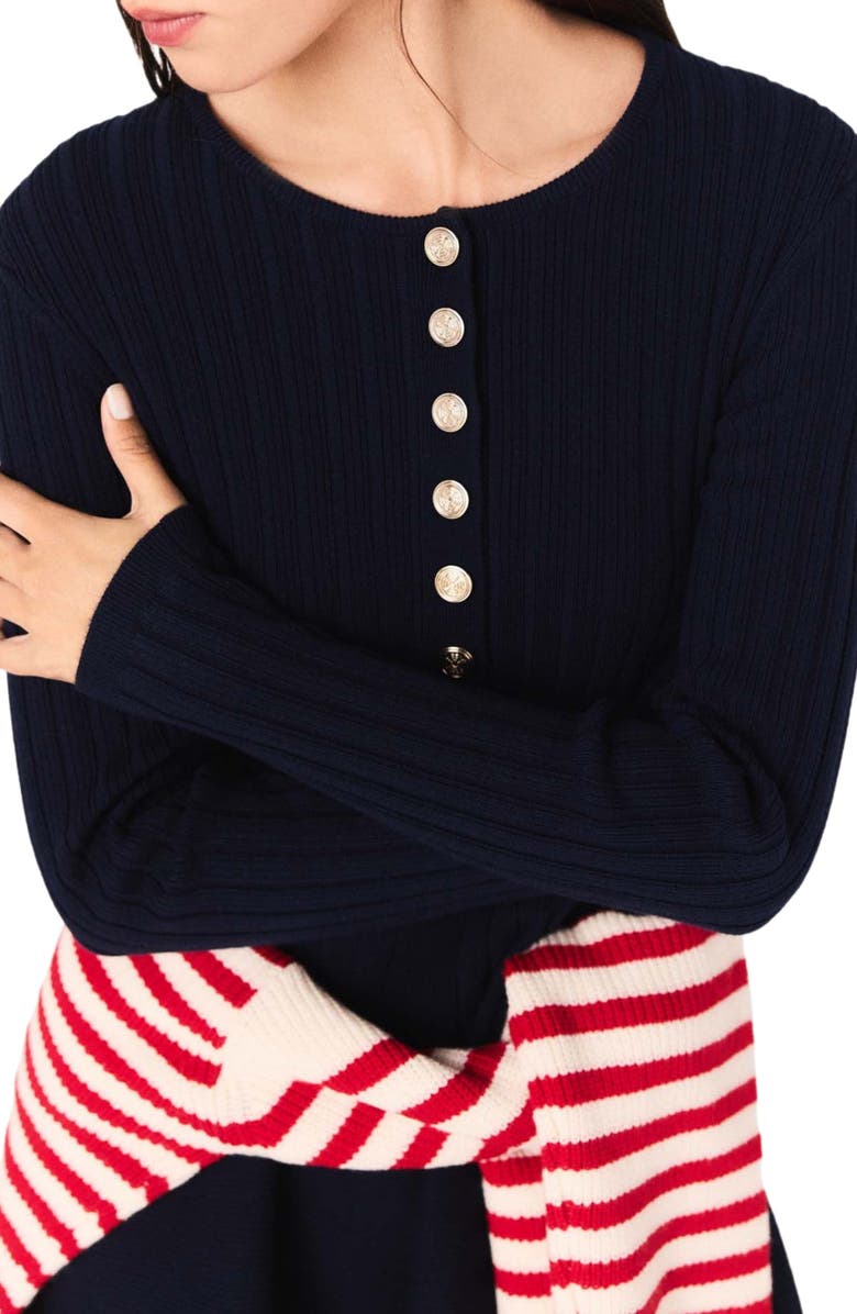 maje Mini knit dress with flared skirt, Alternate, color, Navy