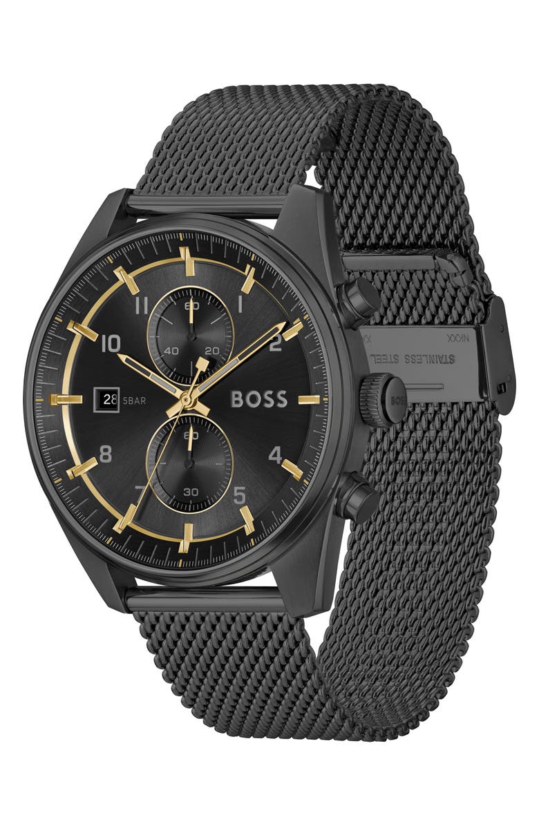 BOSS Skytraveller Chronograph Mesh Strap Watch, 44mm, Alternate, color, Black