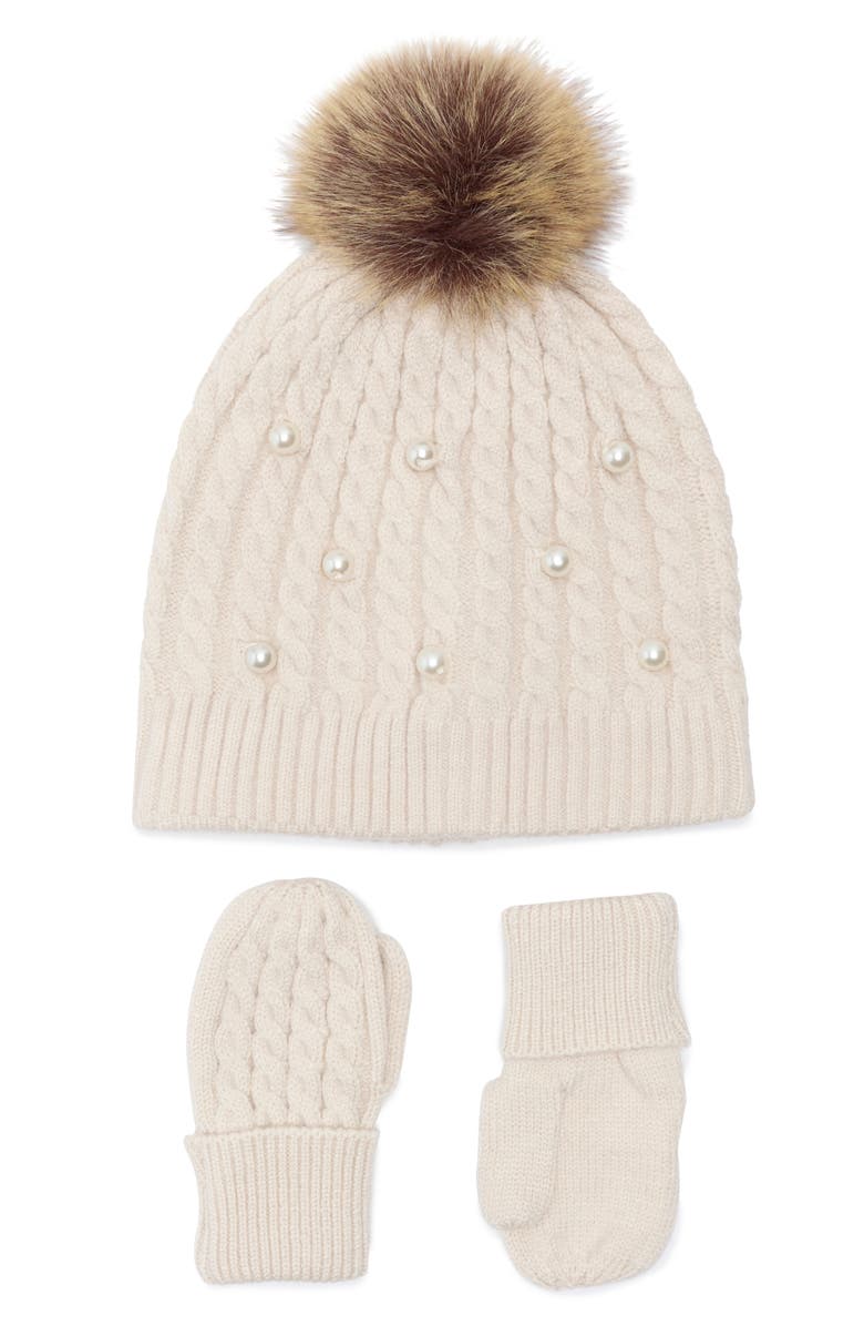 Toby Embellished Cable Stitch Beanie with Faux Fur Pompom & Mittens Set, Main, color,