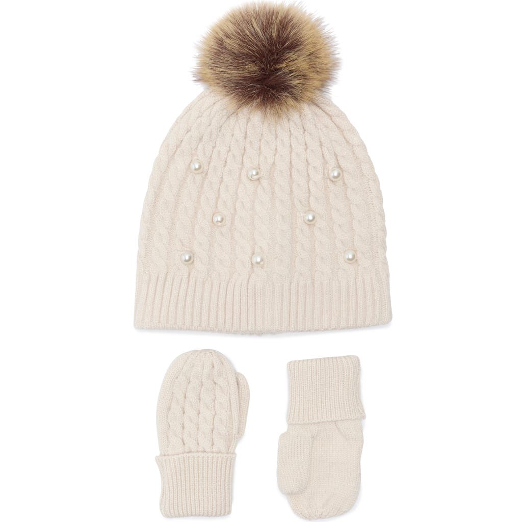 Toby Embellished Cable Stitch Beanie With Faux Fur Pompom & Mittens Set