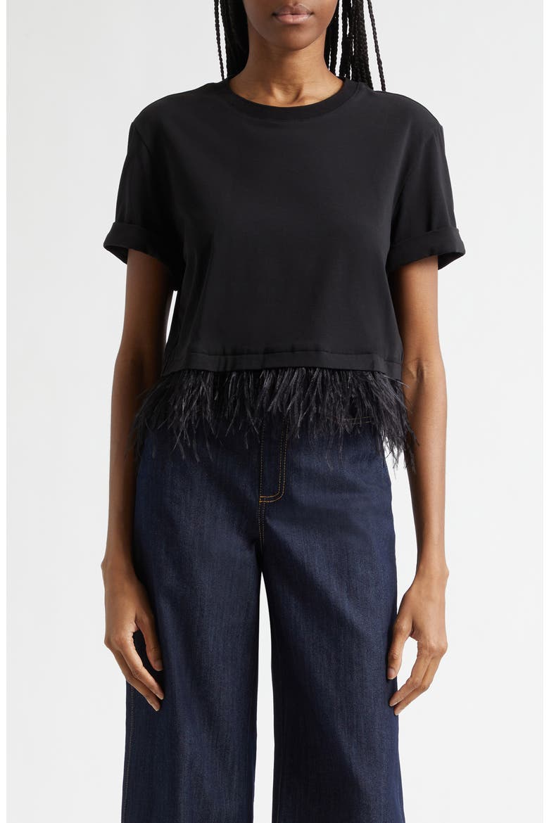 Feather Trim Crop T-Shirt, Main, color, BLACK