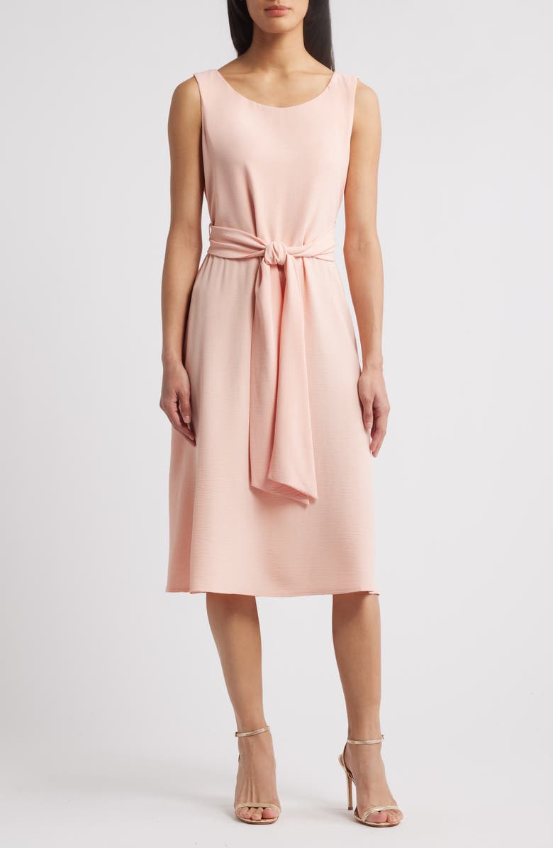 Connected Apparel Tie Waist Crepe Midi Dress, Main, color, Peach