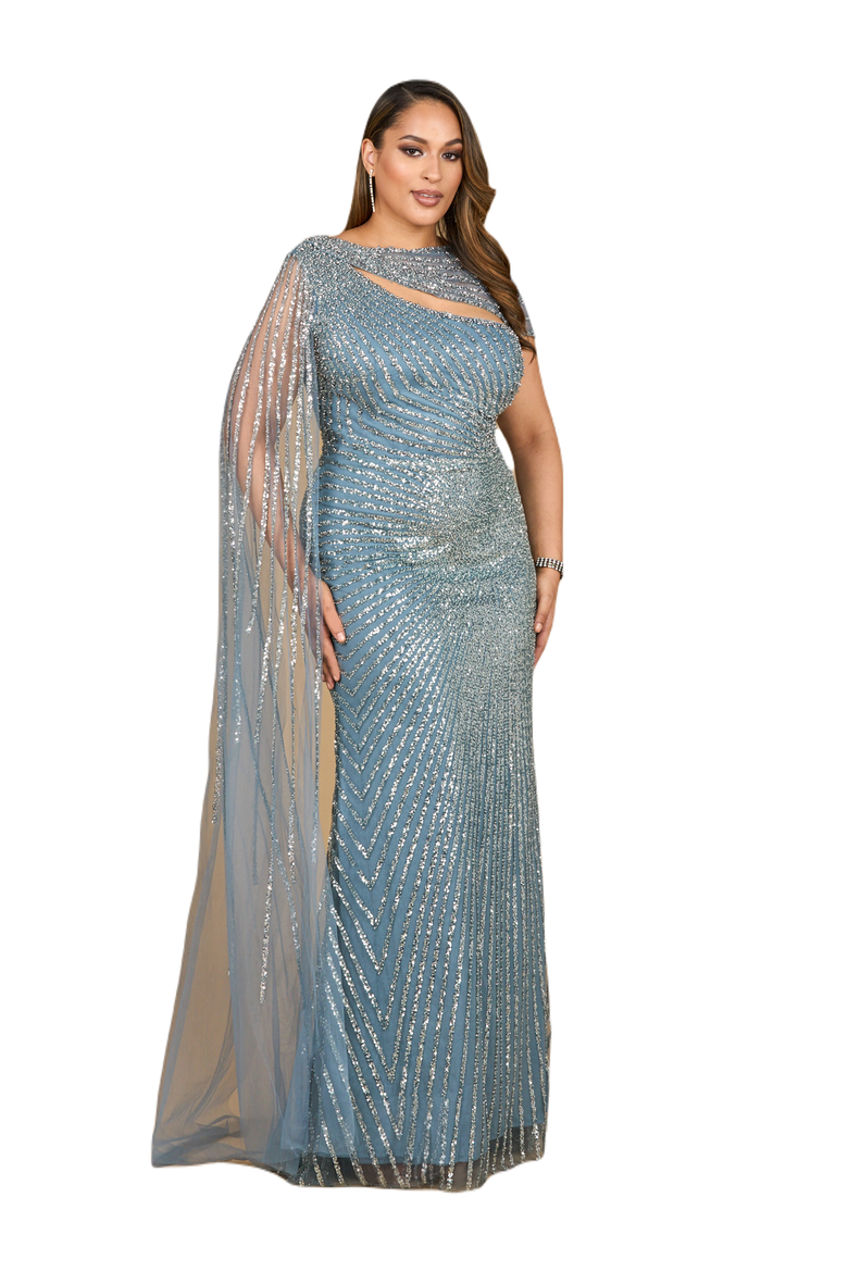 One Shoulder Fitted Gown with Cape Sleeve, Alternate, color, Slate
