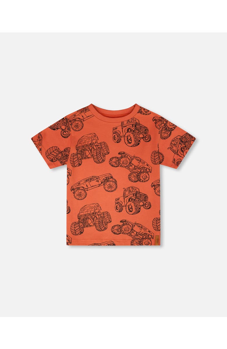 Deux par Deux Organic Cotton Jersey Trucks T-Shirt, Main, color, Orange Printed Trucks
