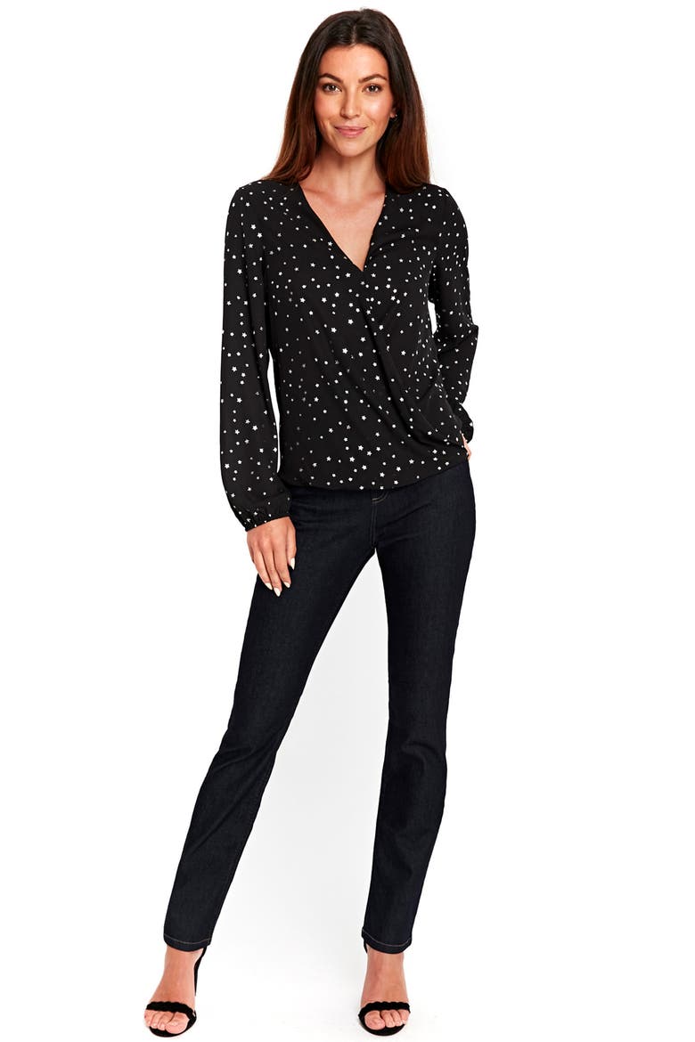 Star Print Wrap Top, Alternate, color, BLACK