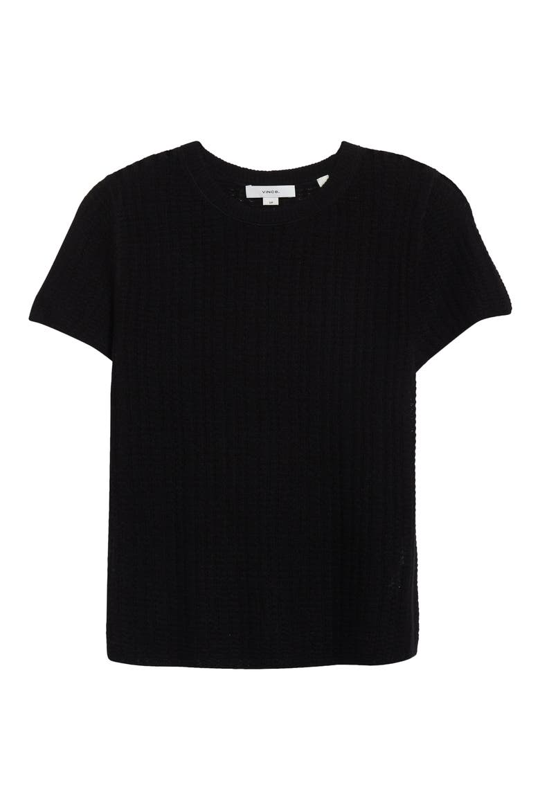 Waffle Stitch Short Sleeve Cashmere & Silk Sweater, Alternate, color, BLACK
