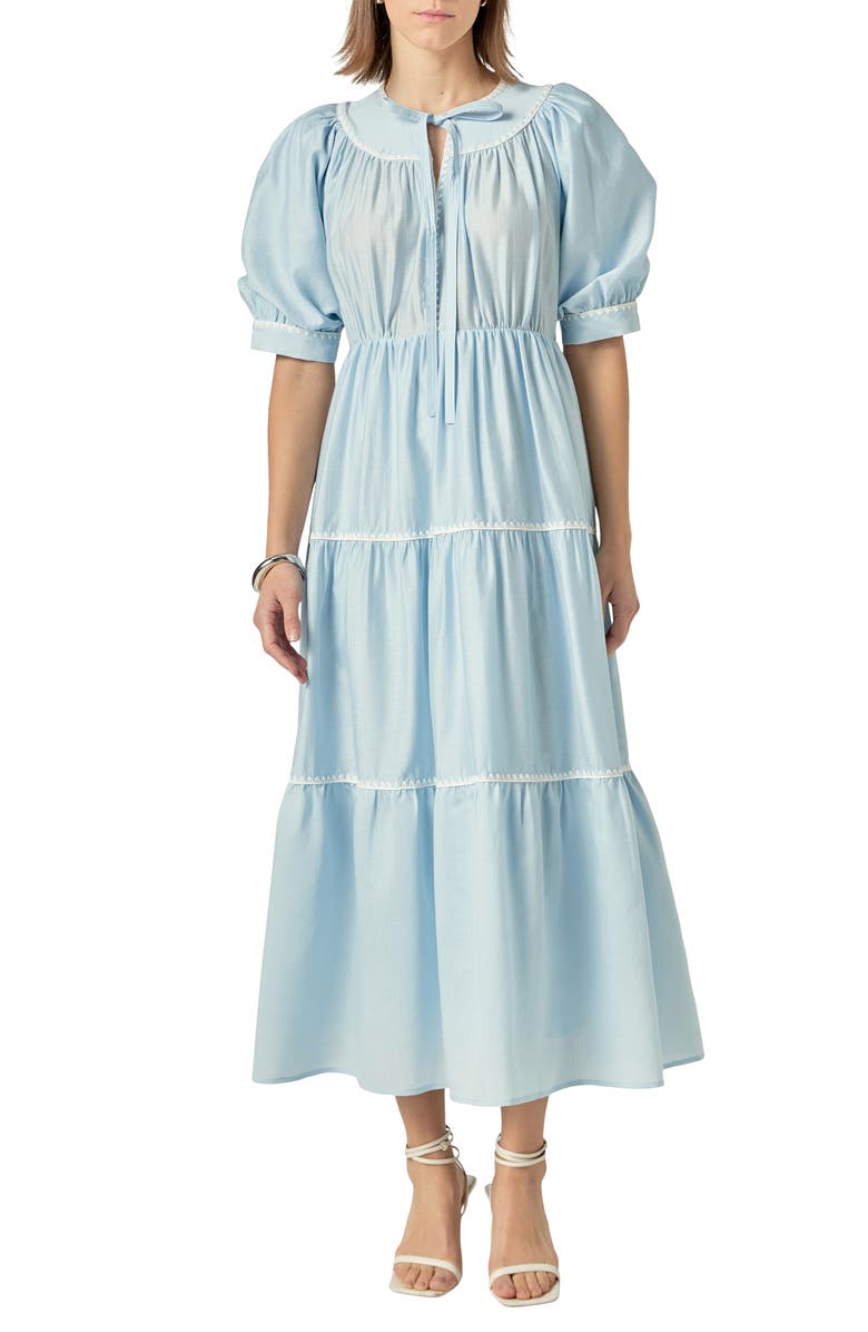 English Factory Embroidered Puff Sleeve Tiered Midi Dress, Main, color, Powder Blue/ White