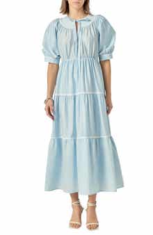 English Factory Embroidered Puff Sleeve Tiered Midi Dress