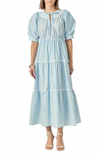 Embroidered Puff Sleeve Tiered Midi Dress