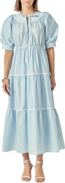 English Factory Embroidered Puff Sleeve Tiered Midi Dress