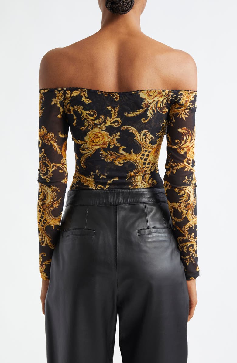 L'AGENCE Peonie Off the Shoulder Mesh Bodysuit, Alternate, color, Black/ Gold Barocco Swirl