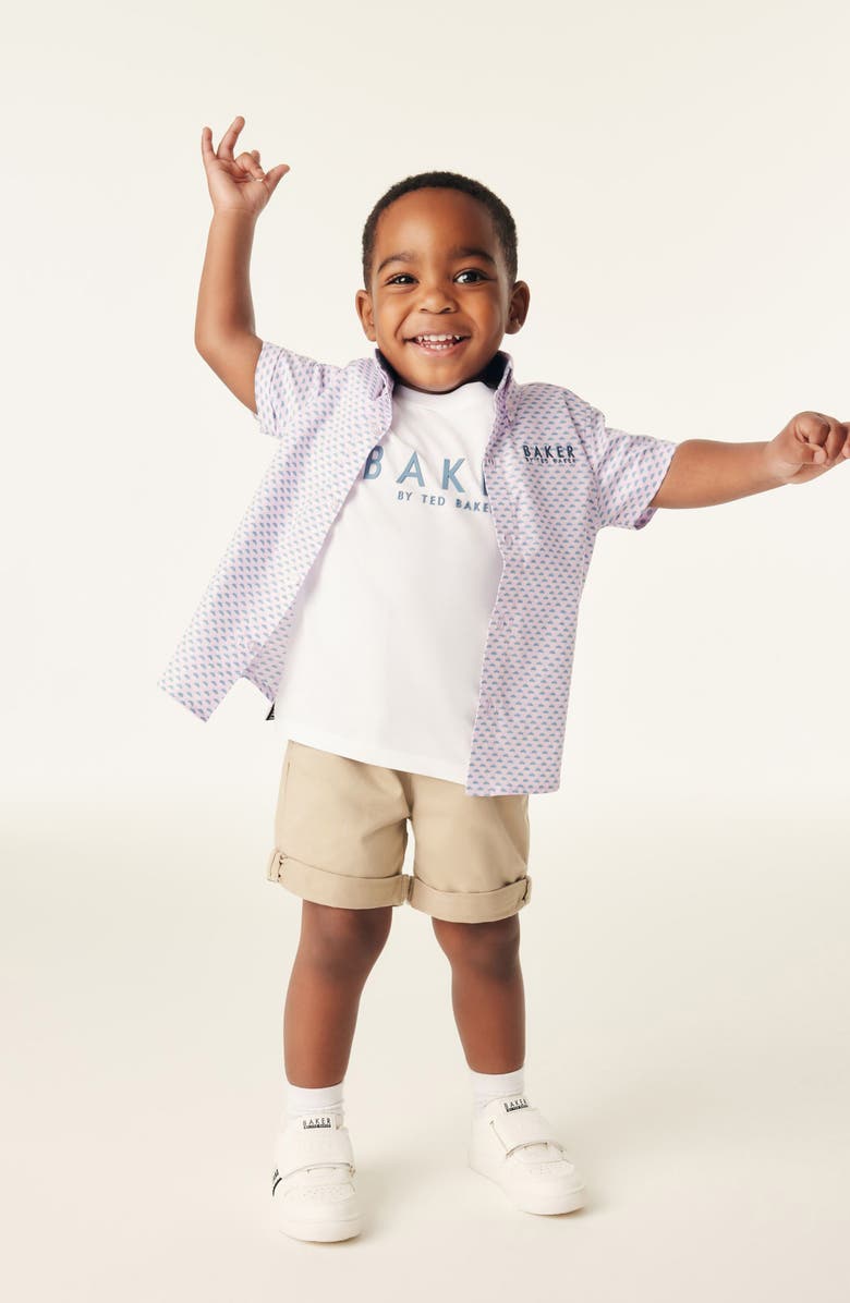 Baker by Ted Baker Kids' Cotton Graphic T-Shirt & Print Short Sleeve Button-Down Shirt Set, Alternate, color, Pink