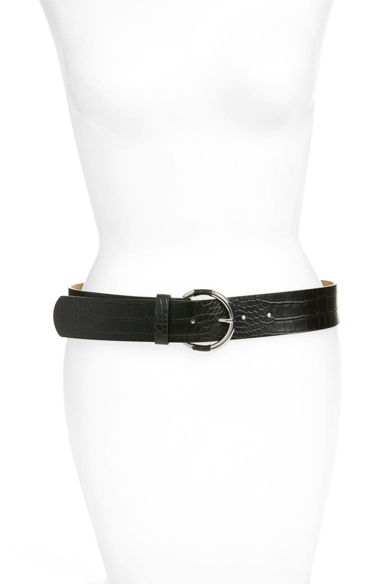 Circle Buckle Croc Embossed Belt, Main, color, BLACK
