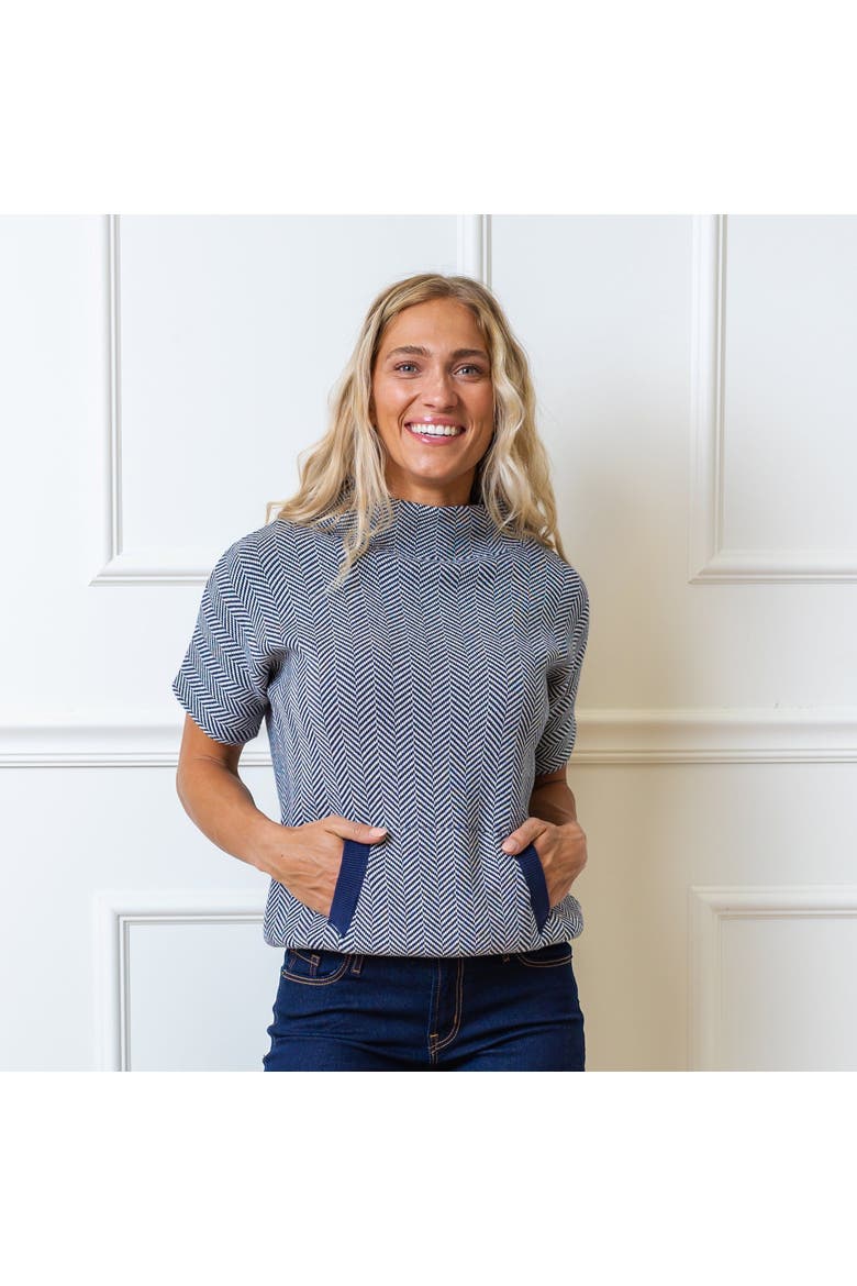 Women's Organic Mock Neck Sweater, Alternate, color, Navy and White Herringbone