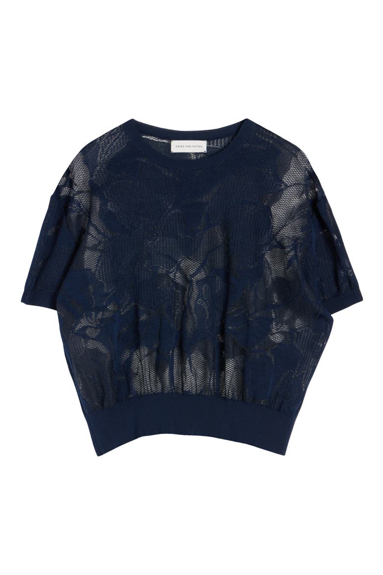 Floral Pattern Mixed Stitch Crewneck Sweater, Alternate, color, NAVY