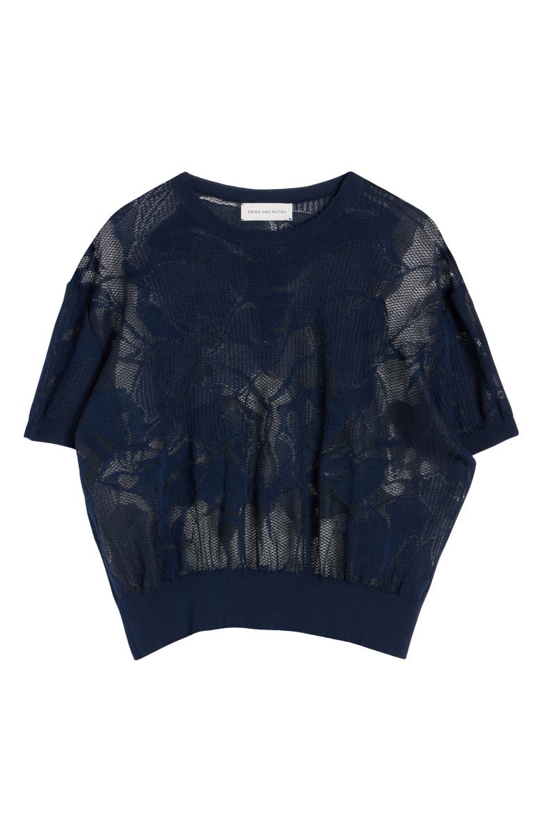 Dries Van Noten Floral Pattern Mixed Stitch Crewneck Sweater, Alternate, color, Navy