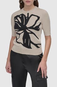 DKNY Graffiti Floral Jacquard Short Sleeve Sweater