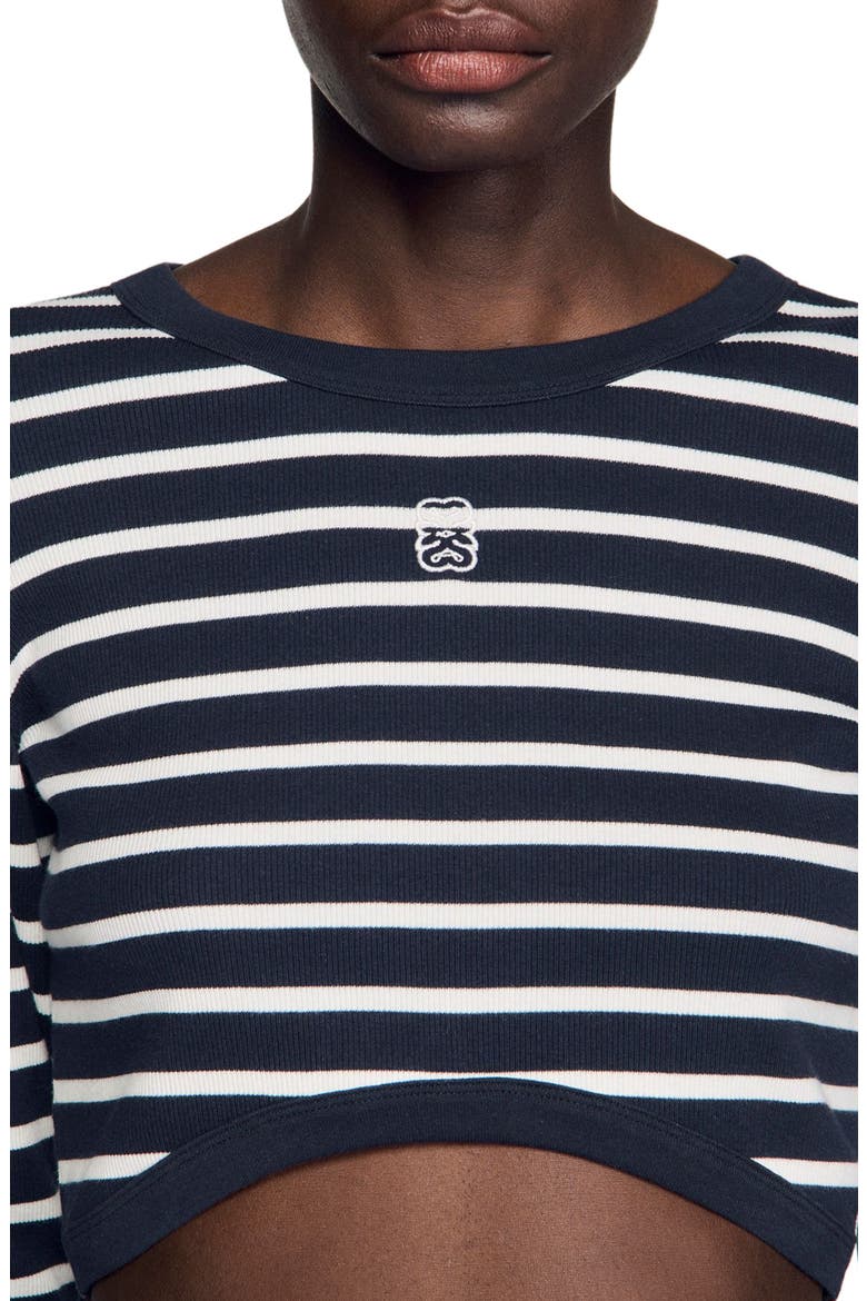 Cropped striped cotton T-shirt, Alternate, color, Marine / blanc