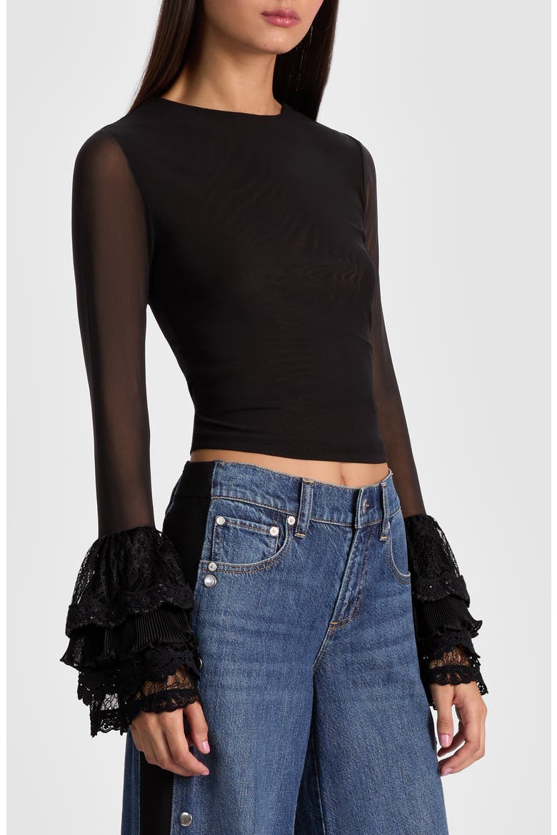 Delania Mesh Ruffle Cuff Top, Alternate, color, BLACK