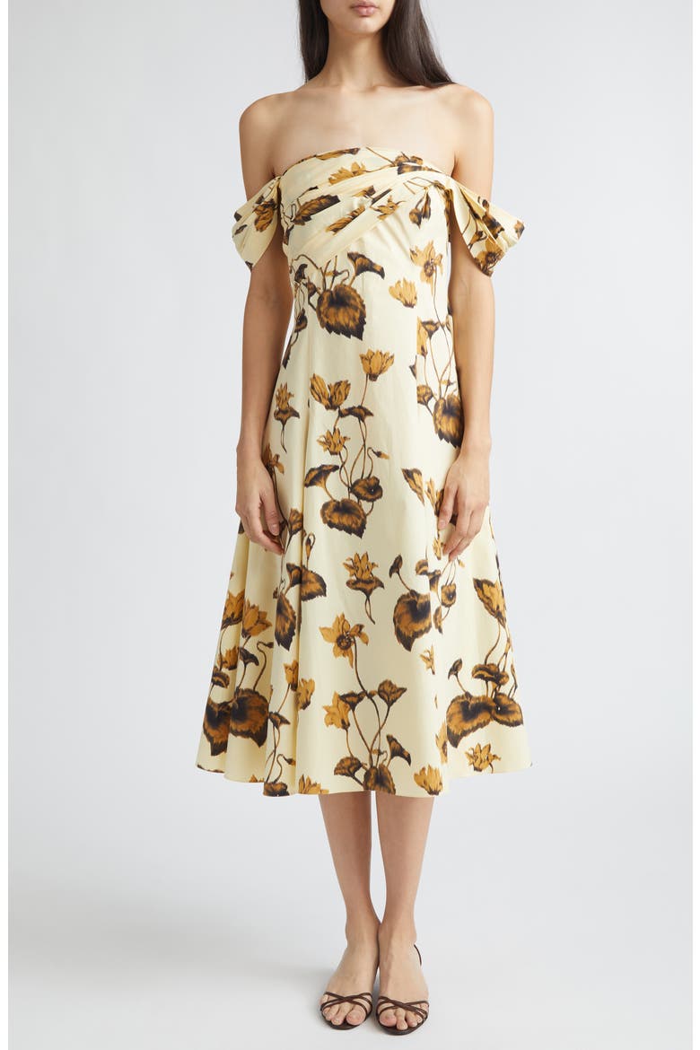 Chiné Cyclamen Stretch Poplin Off the Shoulder Dress, Main, color, BROWN/ LIGHT BUTTER
