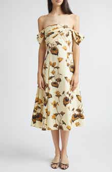 Chiné Cyclamen Stretch Poplin Off the Shoulder Dress