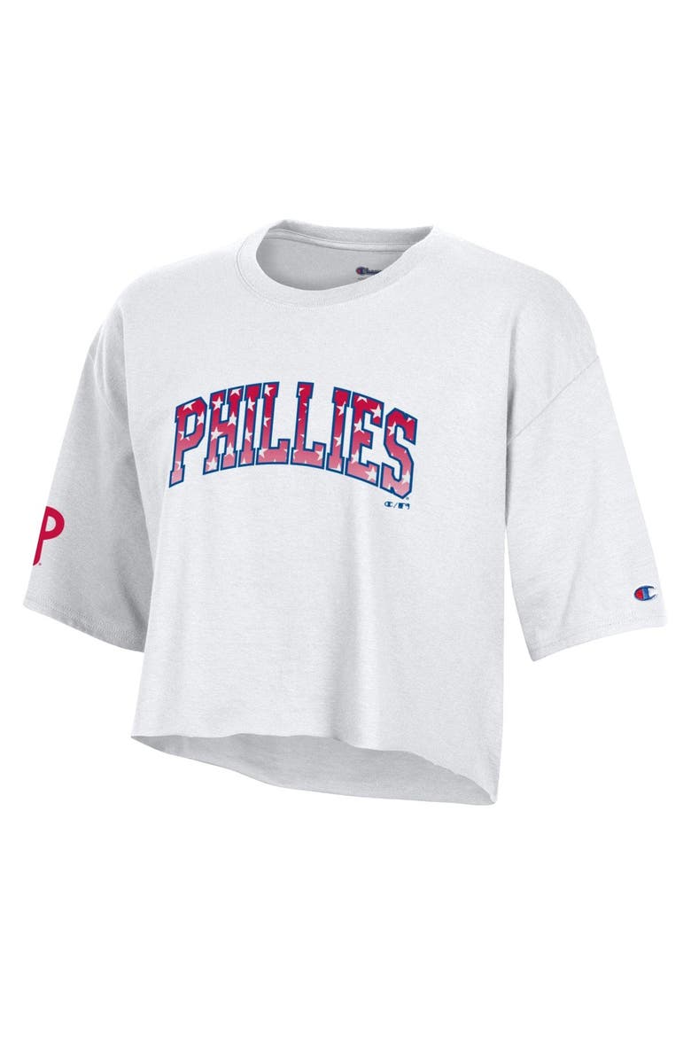 Women's Champion  White Philadelphia Phillies Boyfriend Cropped Americana T-Shirt, Alternate, color, White