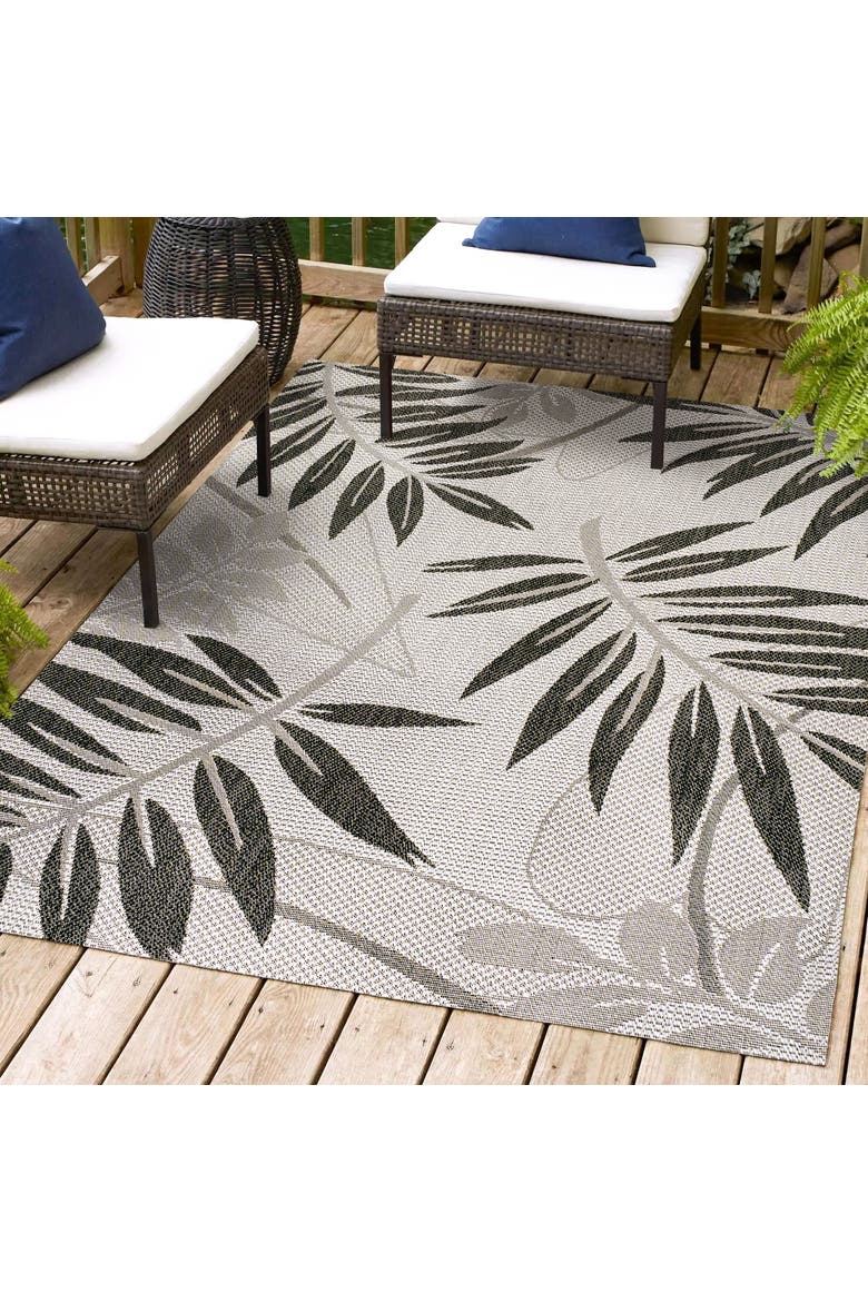Havana Tropical Palm Leaf Indoor/Outdoor Area Rug, Alternate, color, Gray/Black