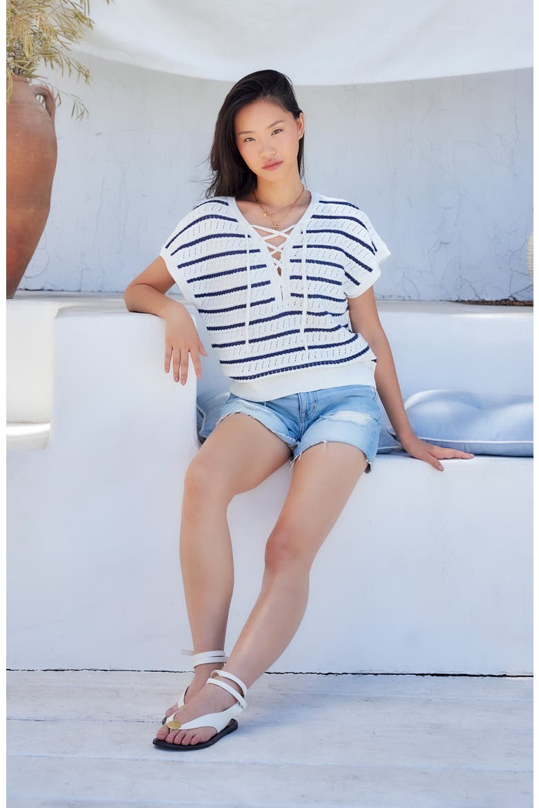 Beth Stripe Lace-Up Cotton Blend Pointelle Sweater, Alternate, color, OFF WHITE
