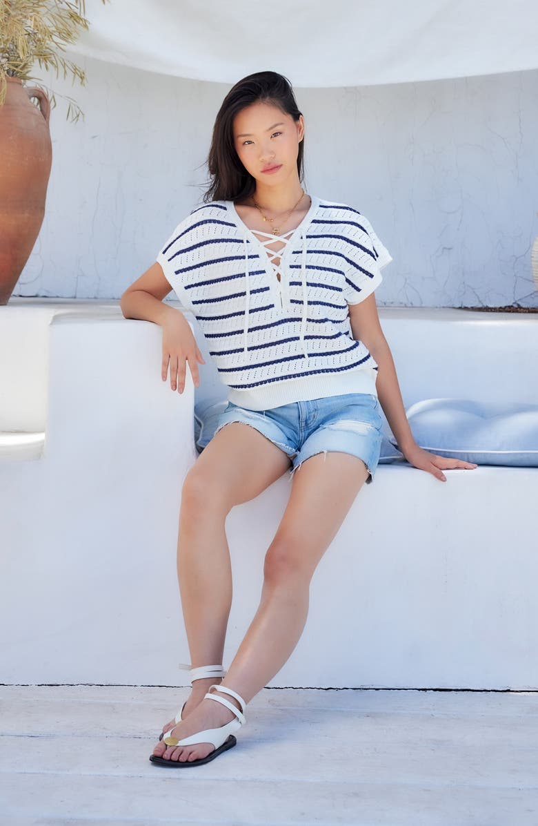 FIFTEEN TWENTY Beth Stripe Lace-Up Cotton Blend Pointelle Sweater, Alternate, color, Off White