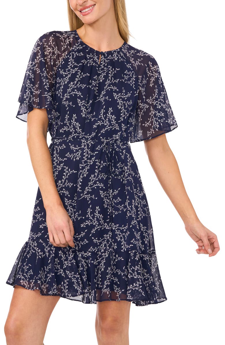 CeCe Floral Flutter Sleeve Ruffle Hem Dress, Alternate, color, Classic Navy