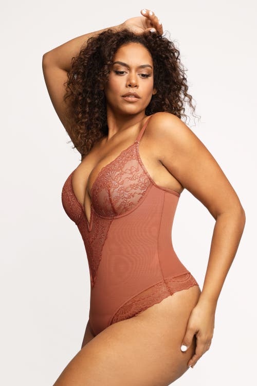 Popilush Shapewear Lace Deep V-neck Sculpting Thong Bodysuit In Chocolate