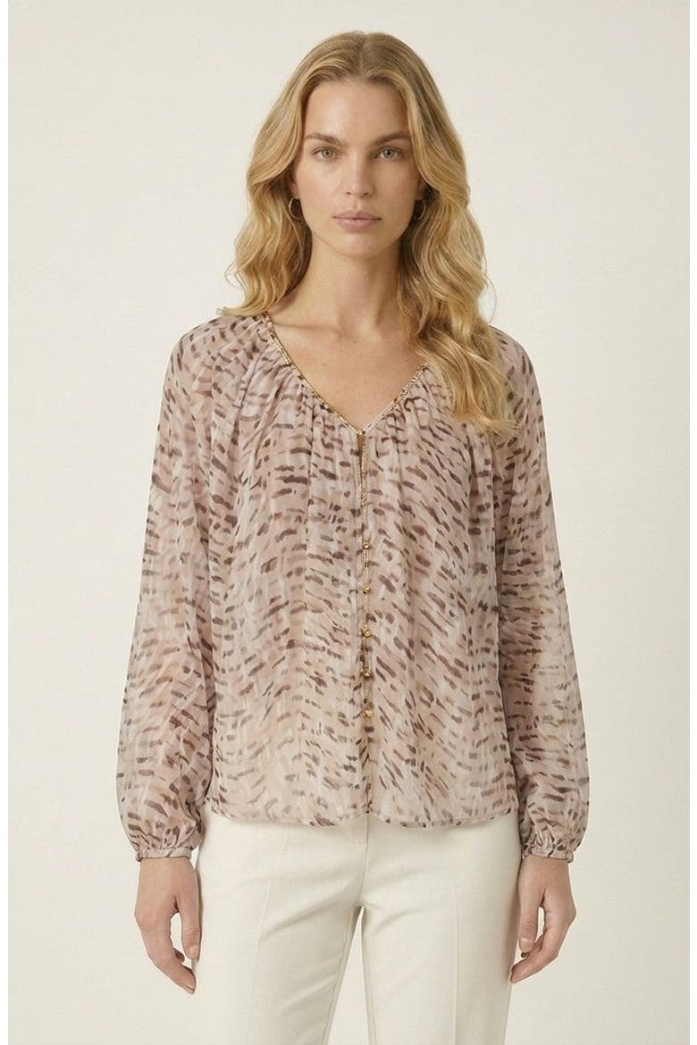 V Neck Patterned Lightweight Long Sleeve Blouse, Alternate, color, Khaki