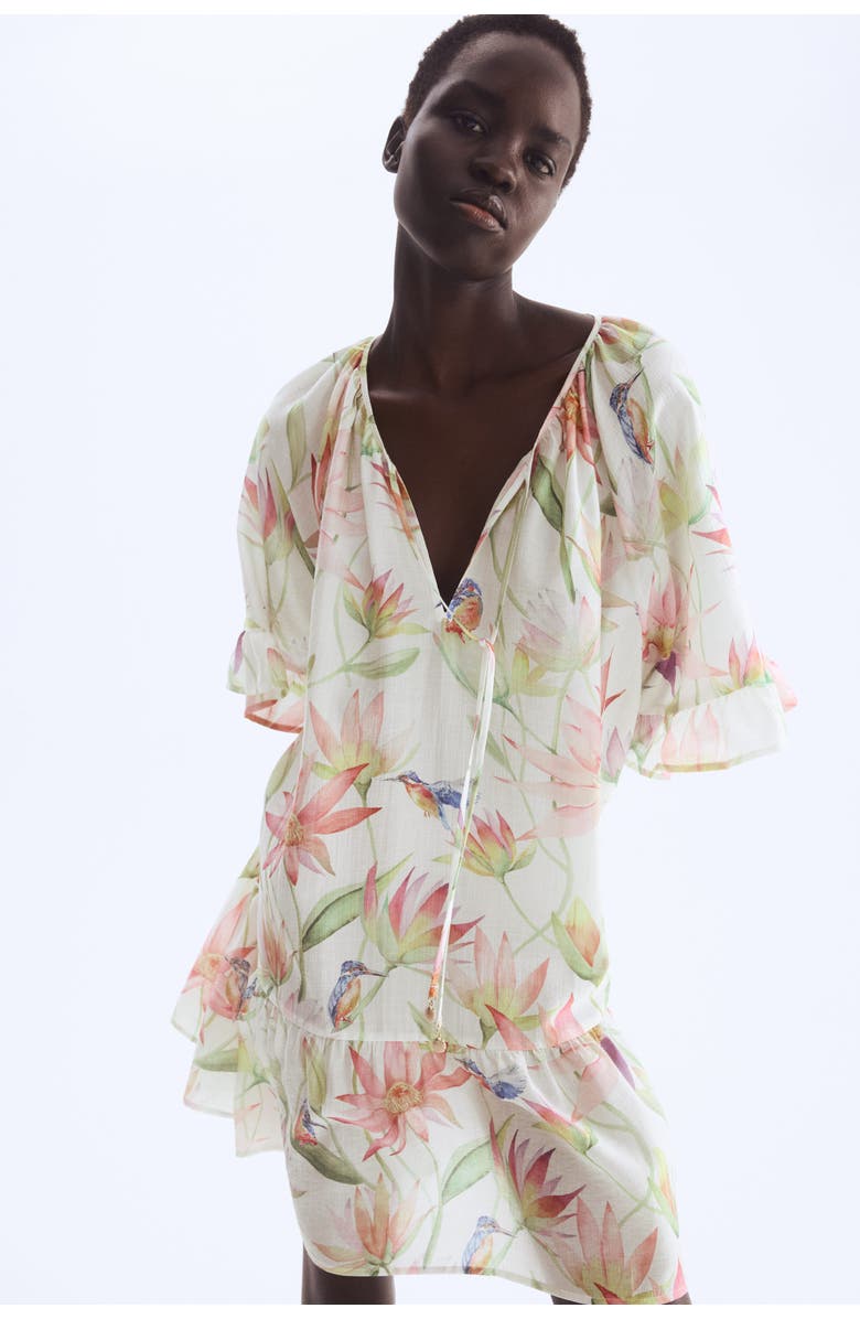 H&M Tie-detail Tunic Dress, Alternate, color, Cream/Floral