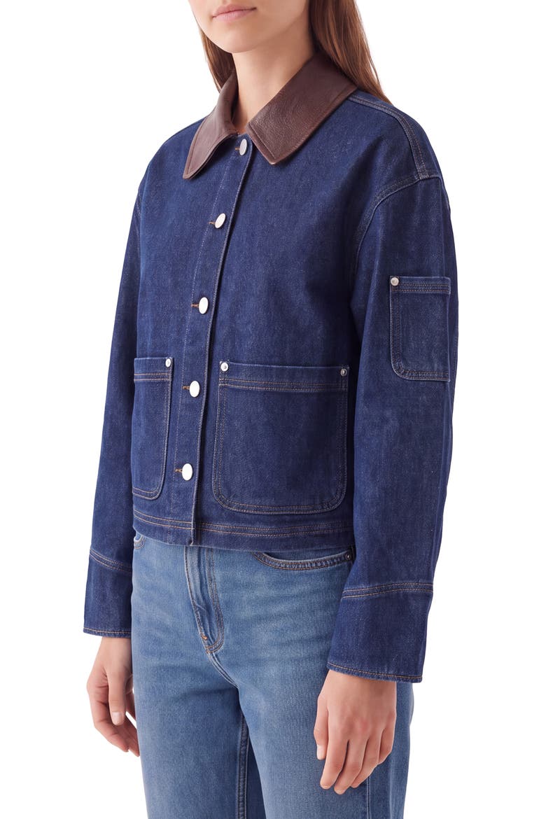 Faux Leather Collar Cropped Denim Trucker Jacket, Alternate, color, RINSE WASH