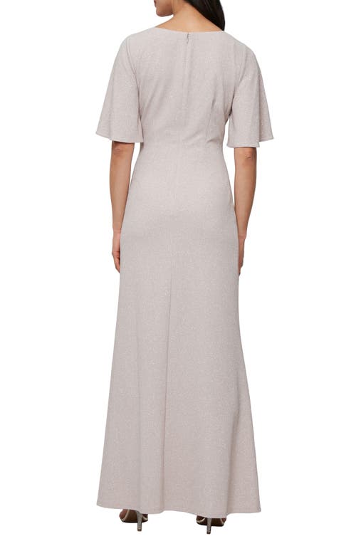 Shop Sl Fashions Asymmetric Flutter Sleeve Ruched Shimmer Crepe Gown In Buff