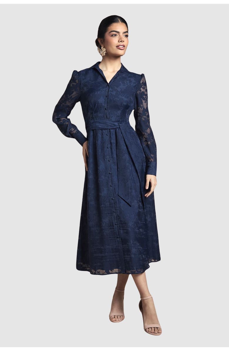 Wallis Floral Organza Belted Midi Dress, Main, color, Navy