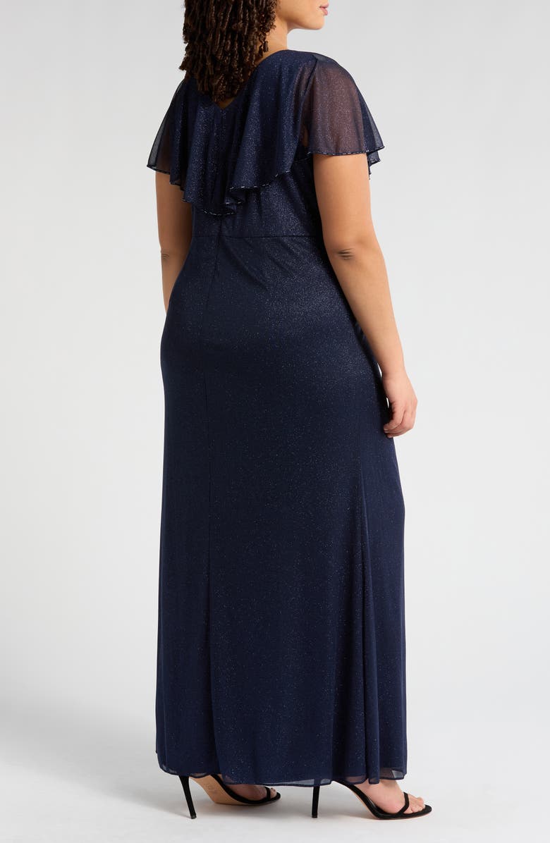 SL FASHIONS Beaded Shimmer Capelet Gown, Alternate, color, Navy