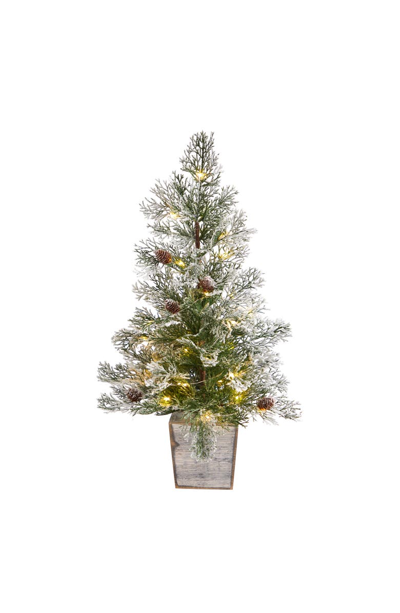 NEARLY NATURAL 2-ft Frosted Pre-Lit Artificial Christmas Tree with Pinecones in Decorative Planter, Main, color, Green