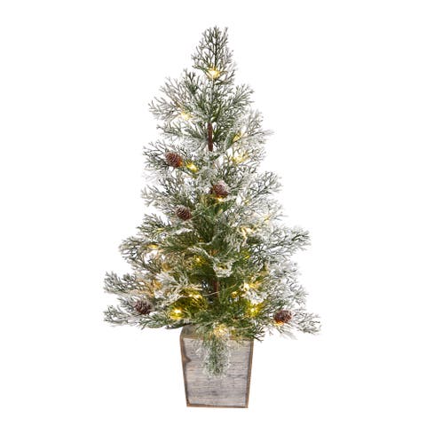 2-ft Frosted Pre-Lit Artificial Christmas Tree with Pinecones in Decorative Planter