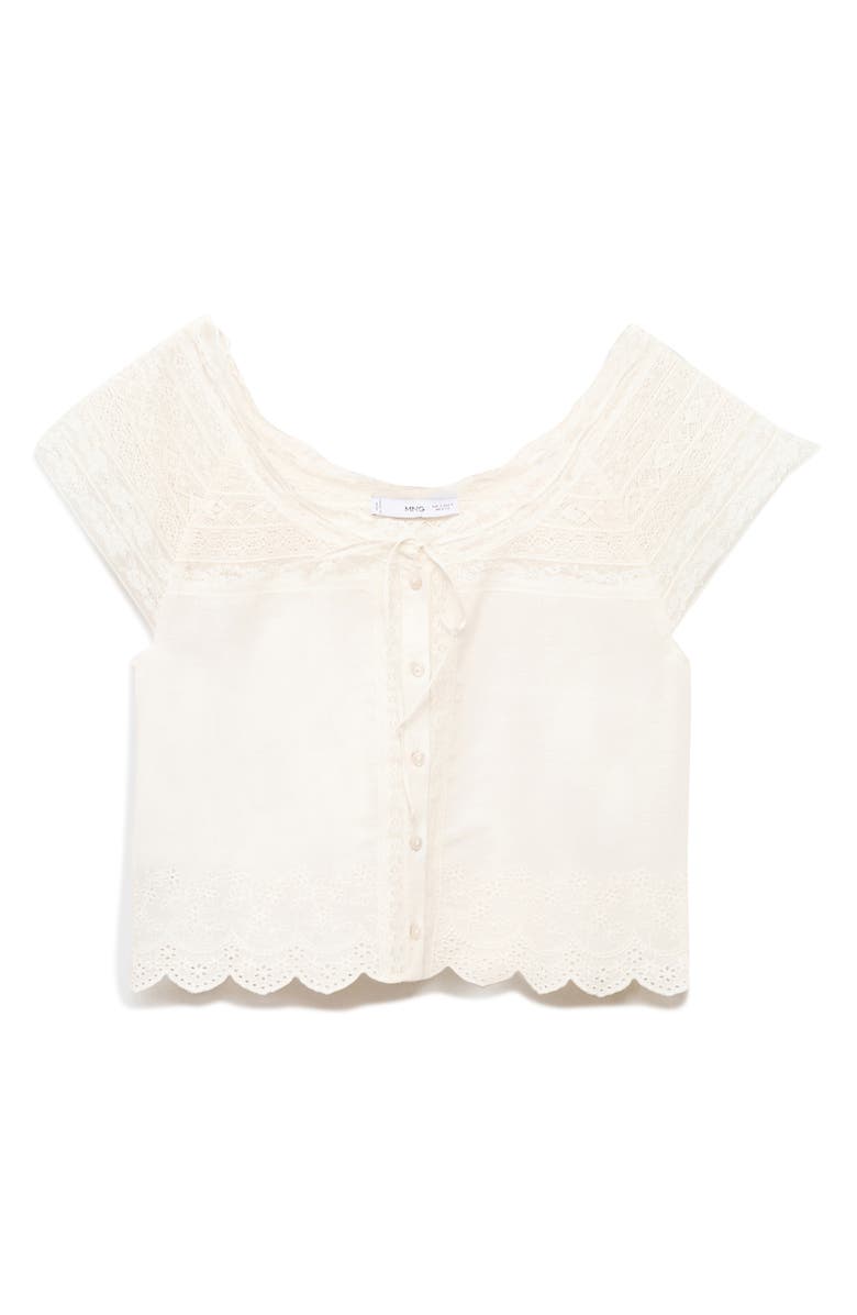 MANGO Lace Trim Cotton Button-Up Shirt, Alternate, color, Off White